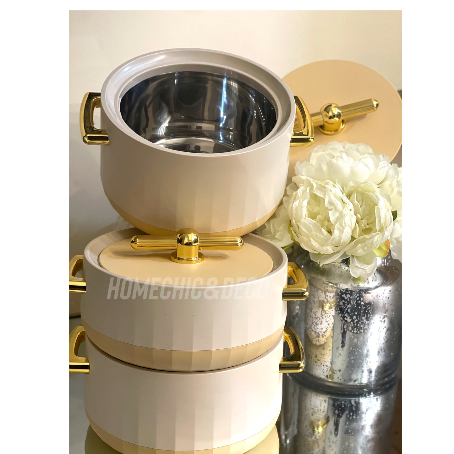 Luxurious Modern Hot Pots Set of 3, Plastic & Stainless Steel, Gold Handles - 1500ML, 2000ML, 2500ML - Matte Ivory/Gold Cookware Kitchen Cover