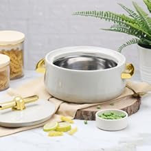 Luxurious Modern Hot Pots Set of 3, Plastic & Stainless Steel, Gold Handles - 1500ML, 2000ML, 2500ML - Matte Ivory/Gold Cookware Kitchen Cover