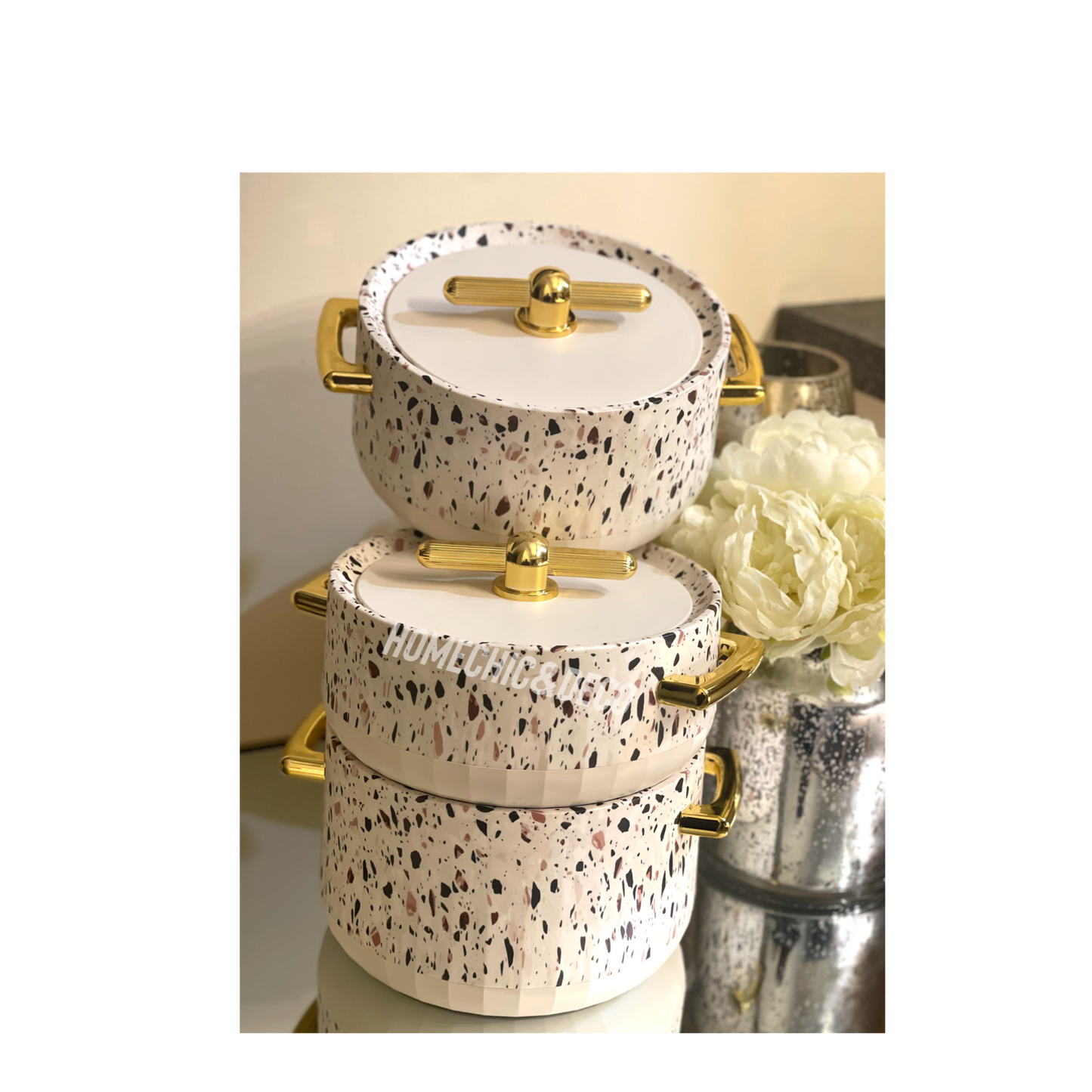 Luxurious Modern Hot Pots Set of 3, Plastic & Stainless Steel, Gold Handles - 1500ML, 2000ML, 2500ML - Matte Ivory/Gold Cookware Kitchen Cover