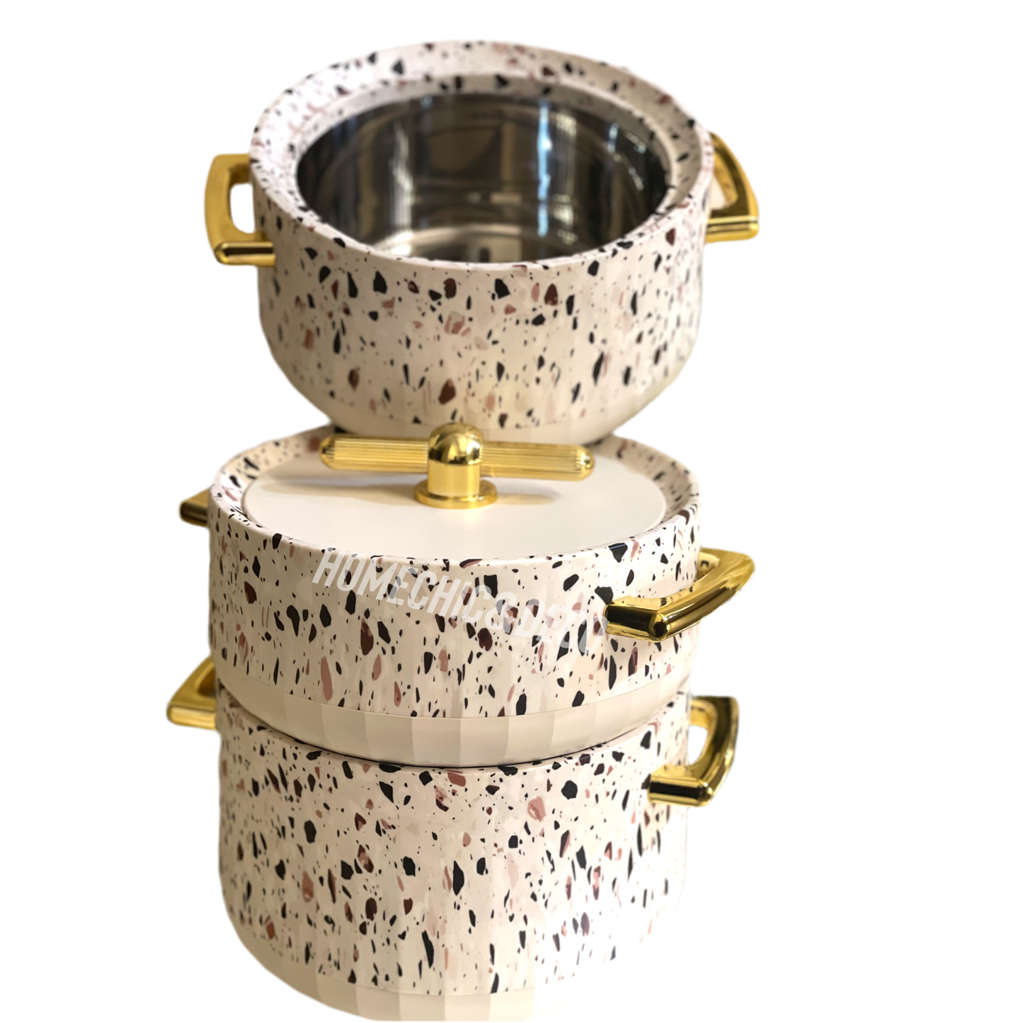 Luxurious Modern Hot Pots Set of 3, Plastic & Stainless Steel, Gold Handles - 1500ML, 2000ML, 2500ML - Matte Ivory/Gold Cookware Kitchen Cover